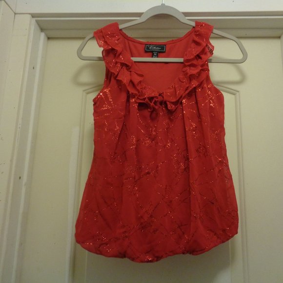BRIGHT RED SHINE THREADS RUFFLES GATHERED TOP BY DRESSBARN PS - Picture 7 of 8